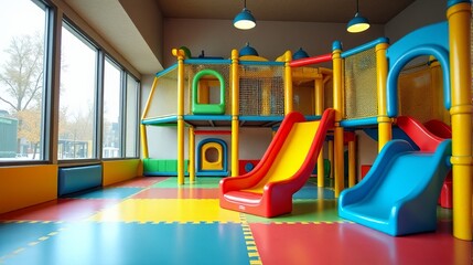 Colorful Indoor Playground with Slides and Play Structure Bright Space