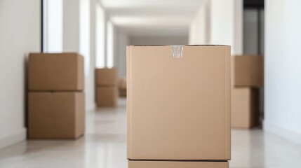 Fototapeta premium A collection of cardboard boxes arranged in a bright, modern hallway, symbolizing shipping and logistics efficiency.