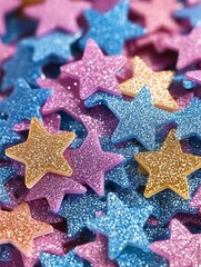 Sparkling Starry Delight A Captivating Array of Glittering Stars in Playful Pink Blue and Gold Hues Festive Celebration Backdrop