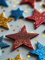 Festive Glitter Stars on Light Blue Background Capturing Joyful Celebration and Holiday Spirit with Shimmering Texture and Bright Colors