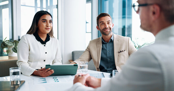 Corporate, meeting and business people with tablet for project, collaboration and consulting. Office, professional and men and woman on digital tech for online research, proposal review and feedback