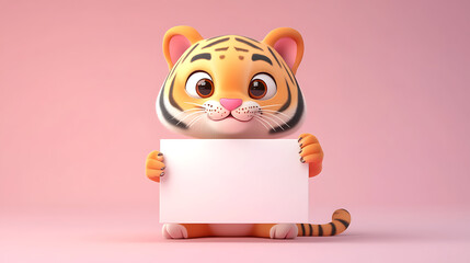Cute cartoon tiger character holding a blank sign against a soft pink background, ideal for children's content