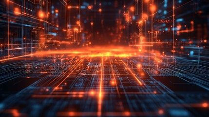 Obraz premium Futuristic Neon Digital Network: Abstract Sci-Fi Computer-Generated 3D Visual with High-Tech Glowing Light and Data Flow