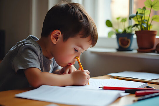 Side view portrait of diligent little boy writing or drawing carefully sitting at desk and doing homework, copy space