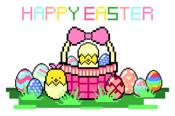 Easter background. Easter poster. Easter icon set. Pixel art seamless holiday pattern. Colorful eggs, cute bunny, chicken, basket, grass, elements, graphic design, illustration, banner, wallpaper,flat
