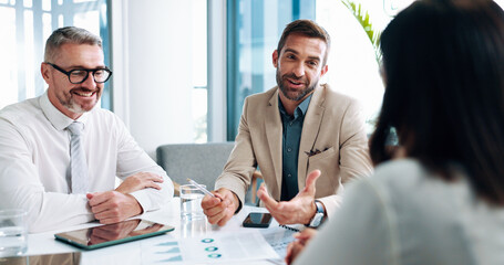 Review, budget discussion or business people in meeting for teamwork, investment profit or paperwork. Manager, documents or financial analyst with economist for audit feedback, planning or project