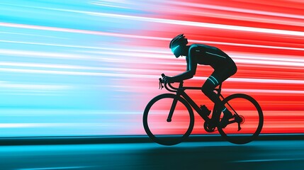 Fototapeta premium A cyclist races forward against a blurred, colorful background, emphasizing speed and motion in a dynamic setting.