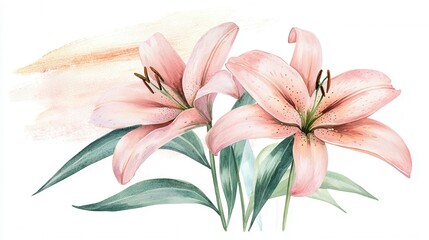 Fototapeta premium Beautiful Pink Lilies with Delicate Petals and Green Leaves in a Watercolor Style Illustration