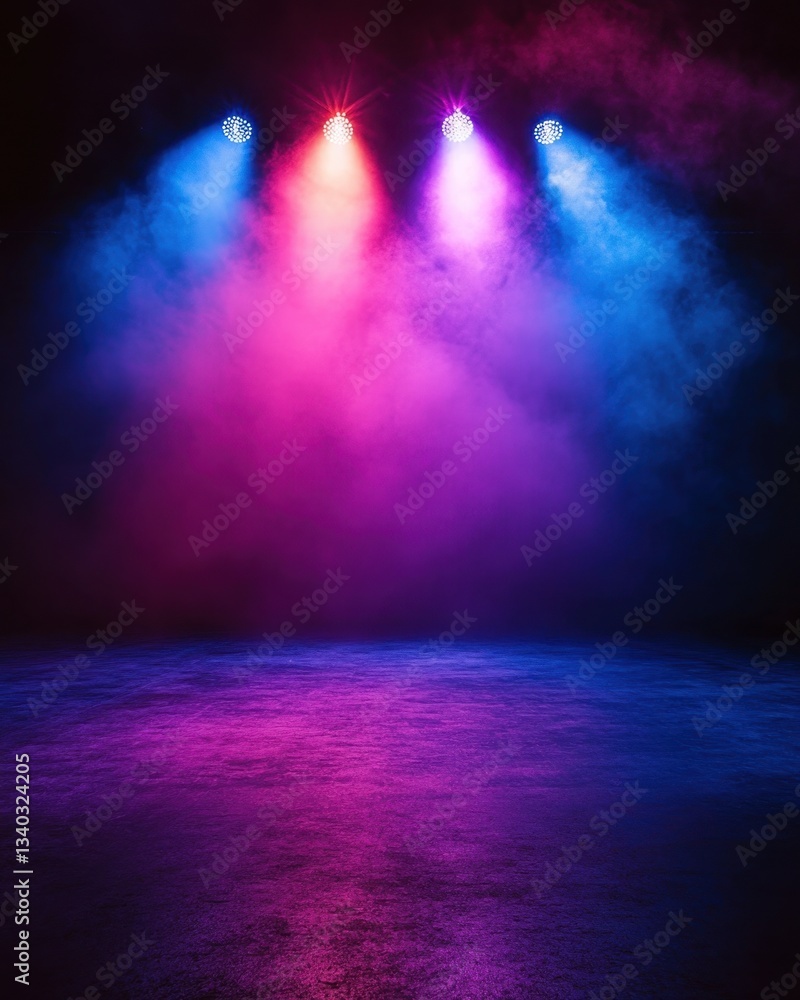 Poster vibrant stage illuminated by colorful spotlights casting dramatic shadows creating a dynamic and cap