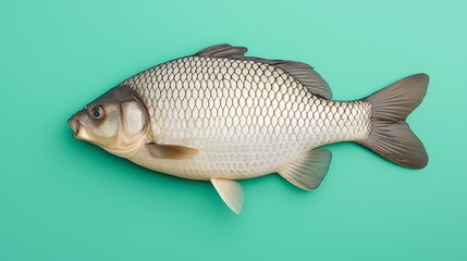 Fototapeta premium A detailed close-up of a freshwater fish showcasing its scales and features against a vibrant turquoise background.