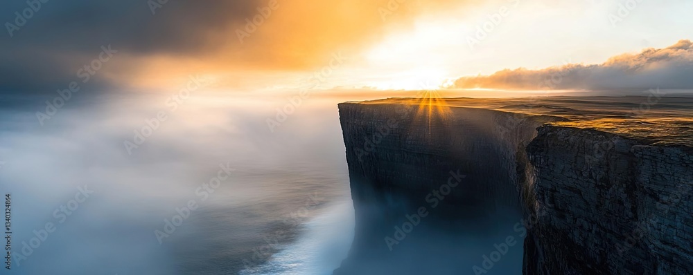Aufkleber national park scenic landscapes idea. stunning cliff at sunrise with soft clouds and ocean mist crea