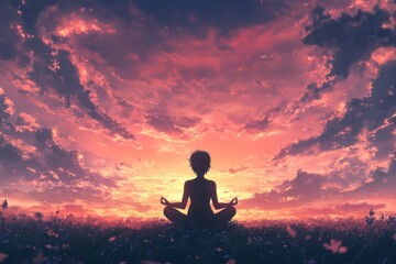 A peaceful silhouette of a person practicing yoga in a meditative pose with a stunning sunset sky in the background.