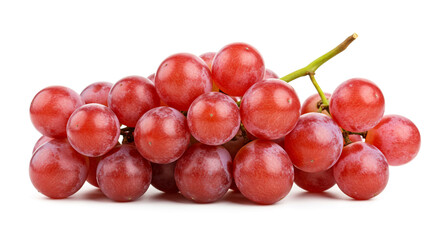 Fototapeta premium A fresh bunch of red grapes with a smooth, slightly dusty surface and a green stem, isolated on a white background, showcasing their vibrant color and natural texture.