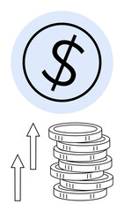 Dollar sign with circle, arrows pointing upward, and stacked coins suggesting financial growth. Ideal for investment, profit, savings, wealth, income economy and finance subjects. Flat simple