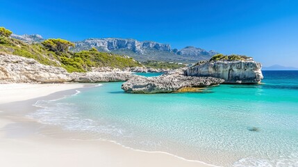 Obraz premium Stunning Turquoise Water and White Sand Beach with Mountain Backdrop