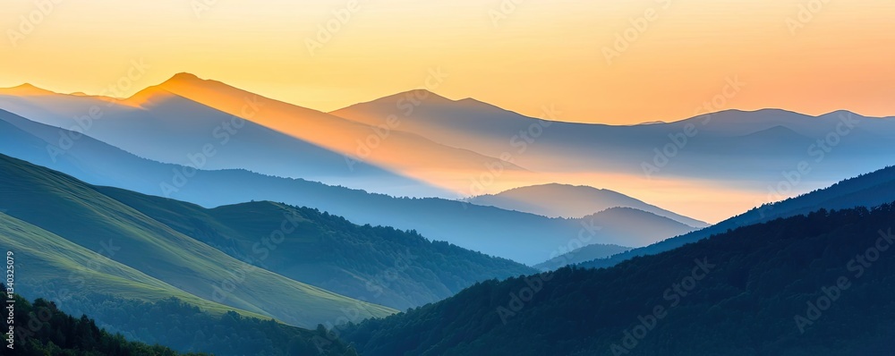 Poster mountain range landscapes concept. breathtaking mountain range at sunset with layers of colorful pea
