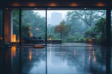 Rainy patio view from dark interior, city backdrop