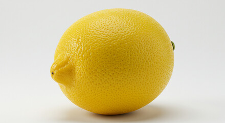 A vibrant yellow lemon with a textured, dimpled surface, resting on a white background. This citrus fruit is known for its tangy taste, rich vitamin C content, and refreshing aroma.