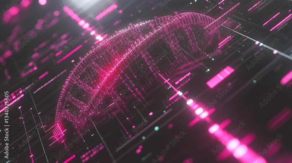 Poster abstract digital data visualization, pink glowing particles forming a 3d city model on a futuristic 