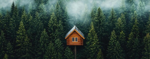 Treehouse in the woods landscapes concept. A cozy treehouse nestled among towering green trees in a misty forest setting.