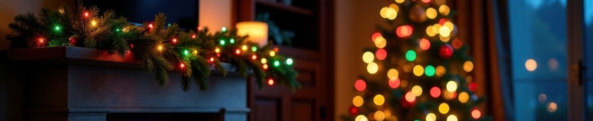 Fototapeta premium Beautifully decorated Christmas tree with colorful lights under a mistletoe covered mantel, winter holiday cheer, festive centerpieces