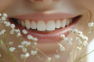 A woman with a white flower in her mouth