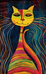 Colorful cat illustration with vibrant stripes and expressive features in a whimsical style