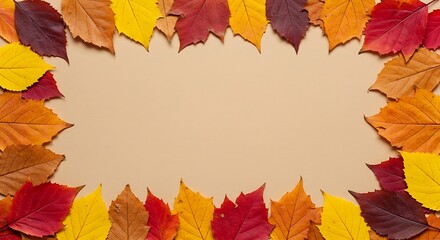 Autumn Leaves Border with Empty Space on Beige Background