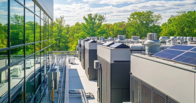 Aerial view of a large-scale data center powered by sustainable energy with solar panels on the roof, surrounded by greenery. Industry and sustainability background concept	
