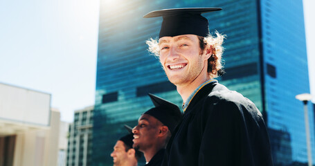 Building, graduation and portrait of man student outdoor for celebration or education event. City,...