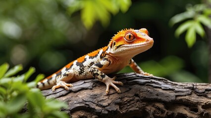 Obraz premium A vibrant gecko perched on a textured tree trunk, surrounded by lush green foliage.