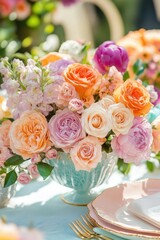 Fototapeta premium Exquisite floral arrangement of roses and peonies in a turquoise vase on a table setting with plates and cutlery capturing a romantic and elegant ambiance