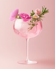 A visually stunning pink cocktail garnished with fresh flowers and herbs, set against a soft pink background, exuding elegance and freshness, perfect for summer gatherings.