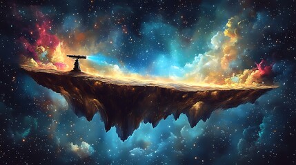 Lone figure with telescope on a floating island in space, exploring vibrant nebulae.