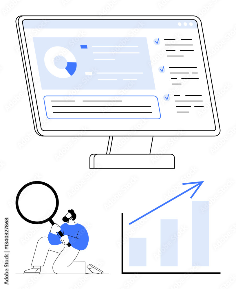Poster computer screen displaying analytics, man examining with magnifying glass, rising growth chart. idea