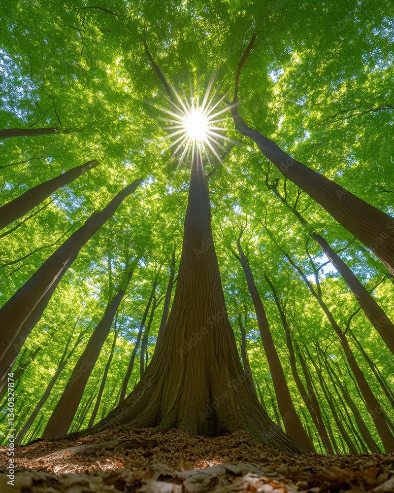 Poster sunlight bursting through lush green canopy of tall trees in forest creating a serene and majestic a