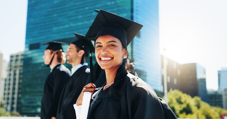 City, graduation and portrait of woman student outdoor for celebration or education event. Certificate, future and scholarship with happy college or university graduate in urban town for milestone