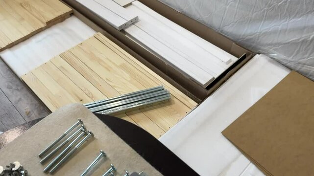Furniture hardware and fasteners. Wooden panels for assembling an ottoman.