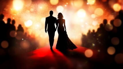 Elegant Couple Walking on Red Carpet at Gala Event in Silhouette