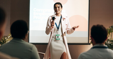 Business woman, conference and training for speaker in seminar room for wellness presentation....