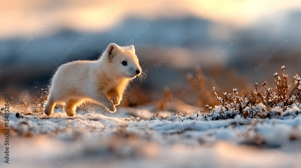 Poster captivating image of a snowy ermine bounding across the frozen tundra its tiny footprints the only m