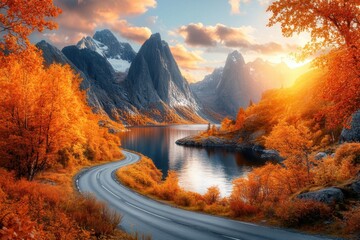 Scenic autumn drive winding through majestic mountains and vibrant foliage reflecting in tranquil lake at sunset