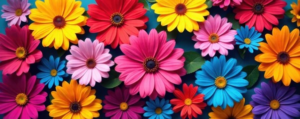 Fototapeta premium Brightly colored flowers in a geometric pattern, geometric shapes, floral patterns, modern illustrations