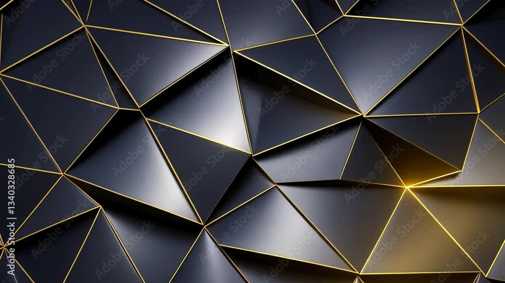 Poster abstract geometric pattern, dark navy blue triangles with golden lines. detailed 3d rendering showca