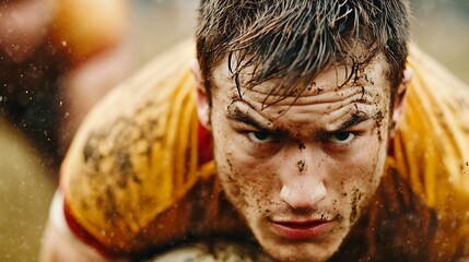 A focused rugby player intensely competing in a muddy field, showcasing determination and grit amid a gritty, dynamic atmosphere.