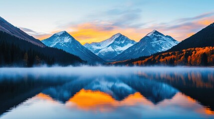 National park scenic landscapes idea. Stunning mountain landscape reflecting in a serene lake at sunrise with vibrant colors.
