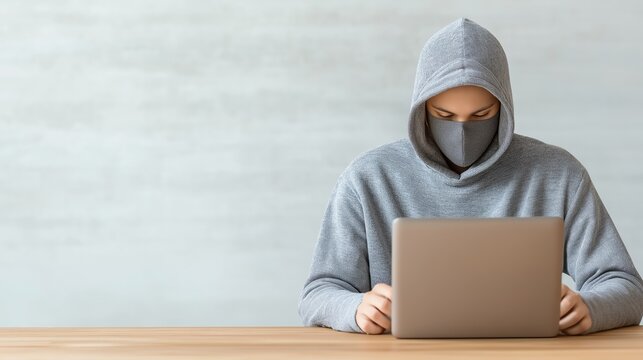 A hooded figure focused on a laptop, representing modern privacy and cybersecurity in a digital workspace.