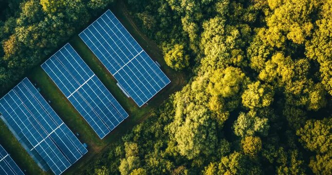 Aerial view of a large-scale data center powered by sustainable energy with solar panels on the roof, surrounded by greenery. Industry and sustainability background concept	