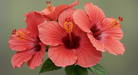 Obraz premium Vibrant Red Hibiscus Flowers Blooming with Green Leaves on Soft Background