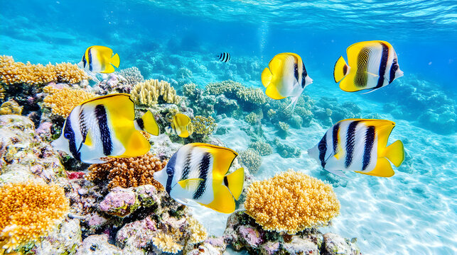 Vibrant Yellow and Black Butterflyfish swim amongst stunning coral reefs in a crystal-clear ocean.  Perfect for travel, nature, or marine life publications.